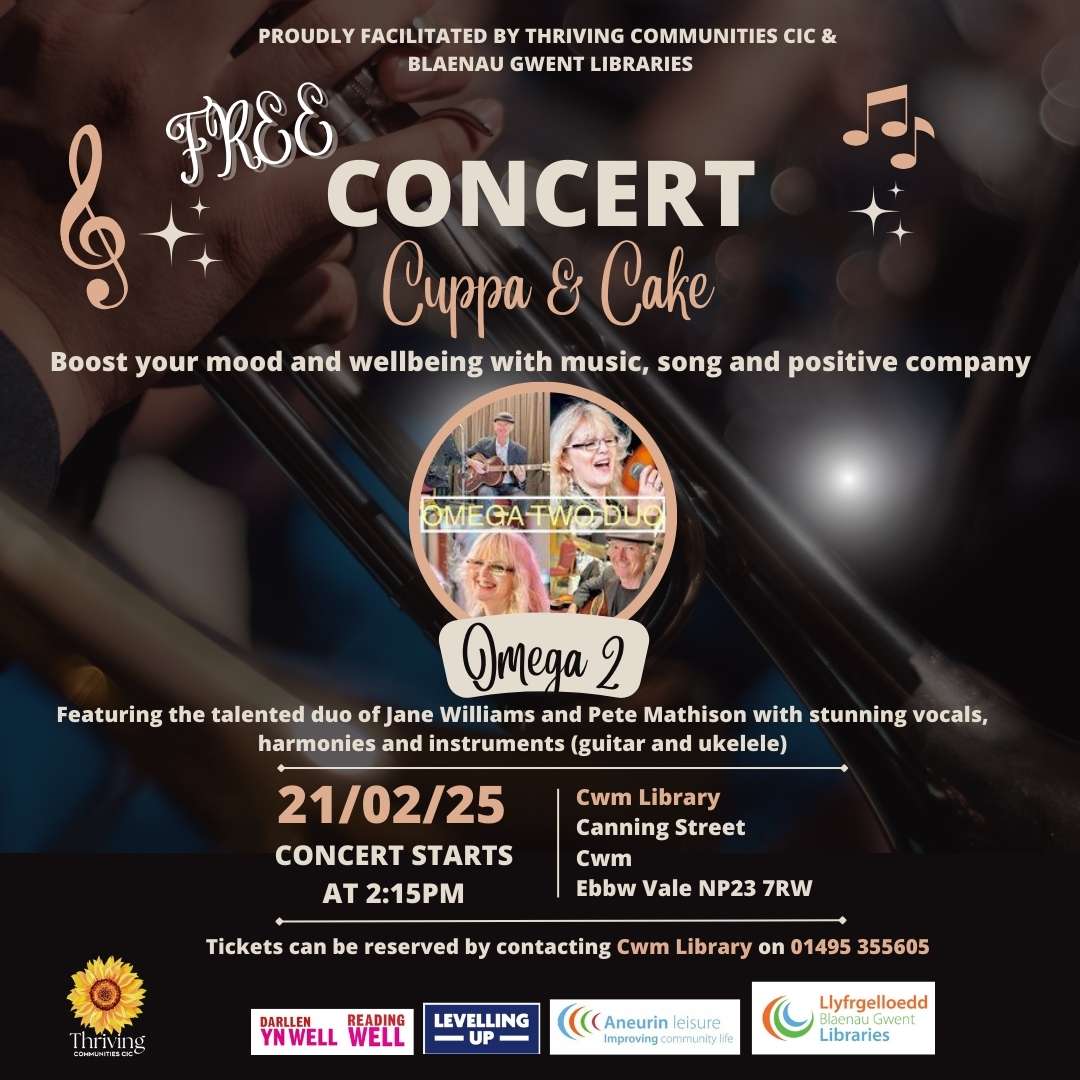 Concert, Cuppa and Cake event Cwm Library ft Omega-2